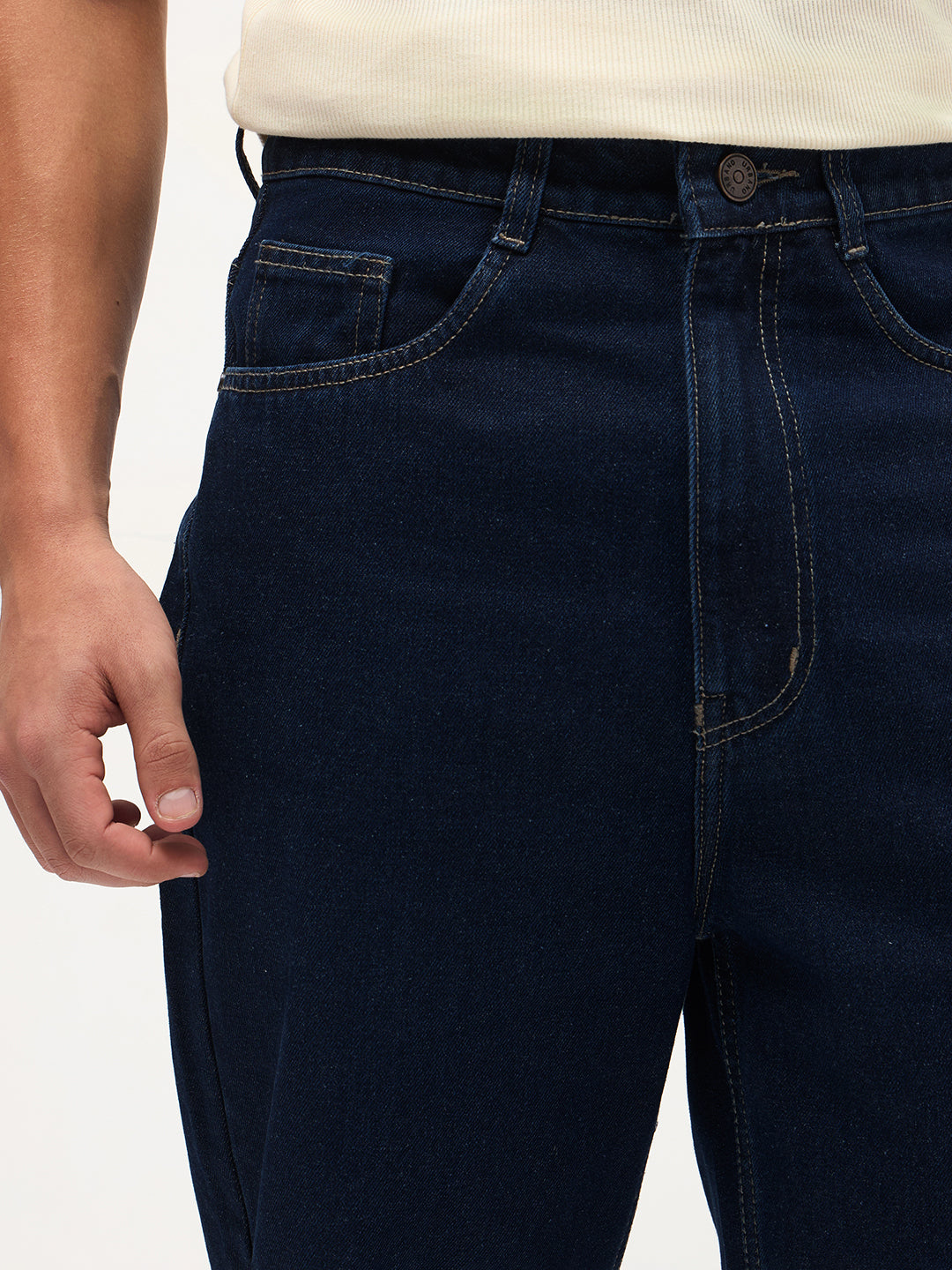 Men's Dark Blue Loose Baggy Fit Raw Washed Denim Jeans Non-Stretchable