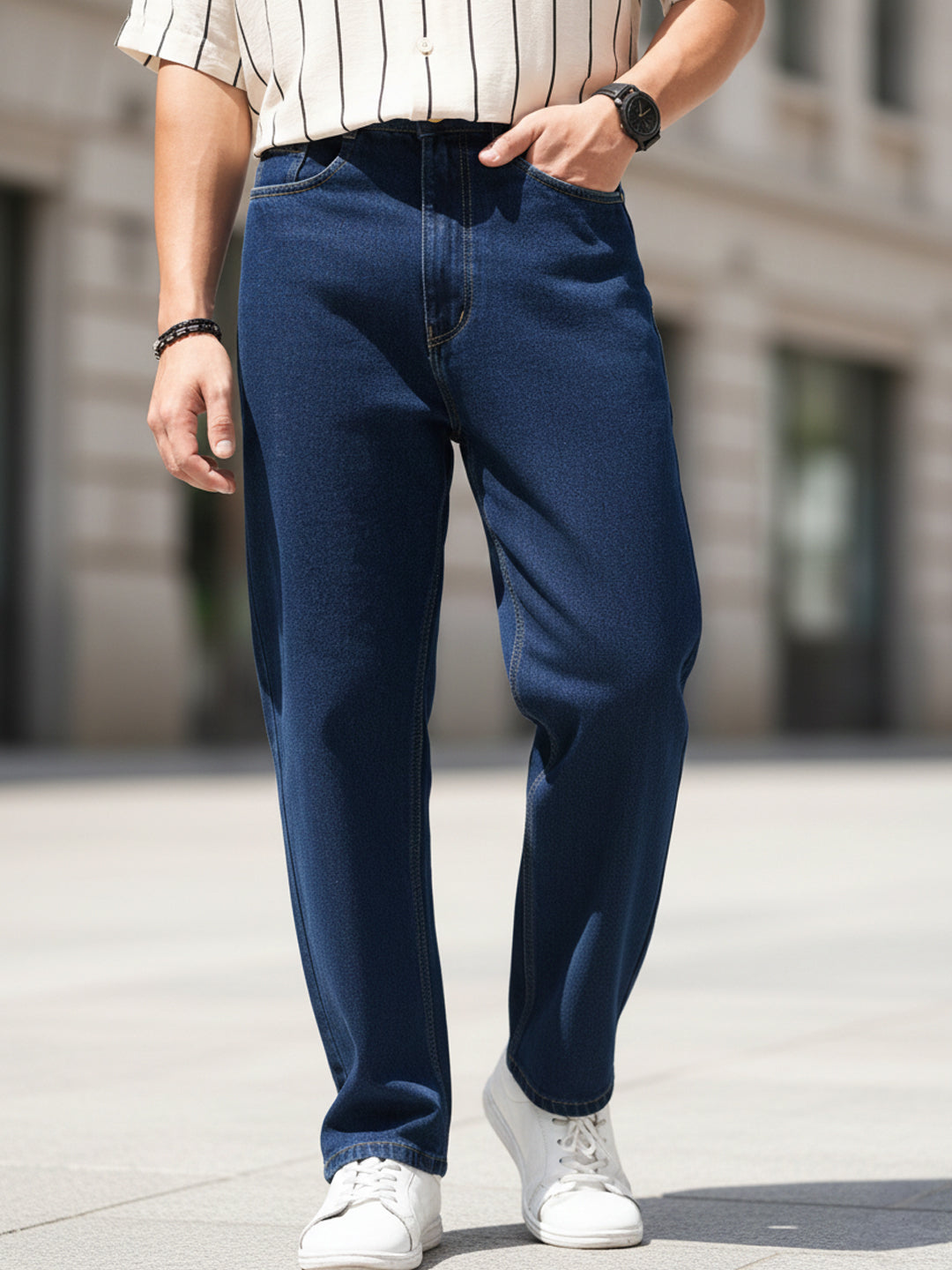 Men's Blue Loose Baggy Fit Raw Washed Denim Jeans Non-Stretchable