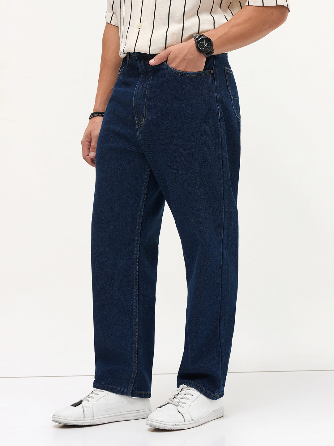 Men's Blue Loose Baggy Fit Raw Washed Denim Jeans Non-Stretchable