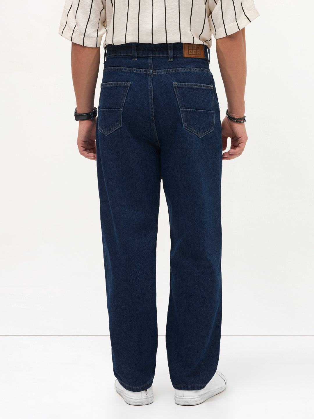 Men's Blue Loose Baggy Fit Raw Washed Denim Jeans Non-Stretchable