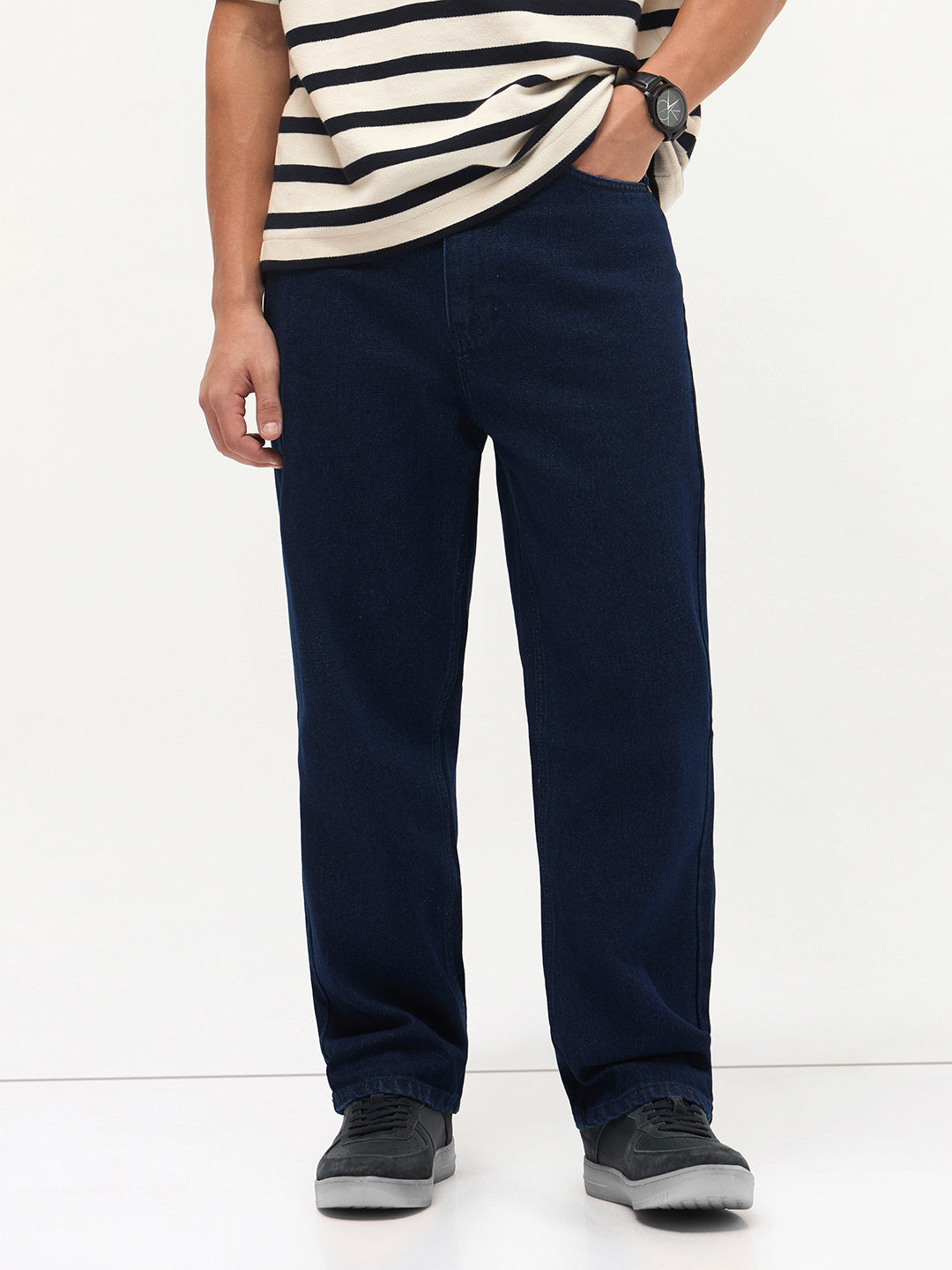 Men's Dark Blue Loose Baggy Fit Raw Washed Denim Jeans Non-Stretchable