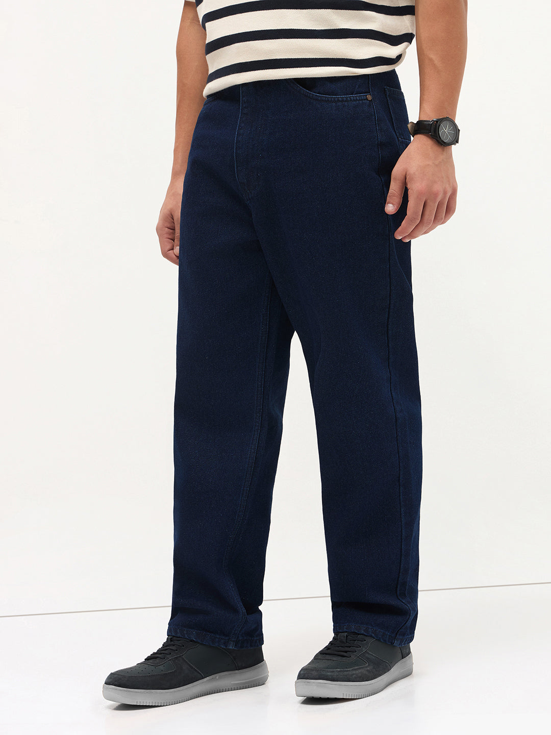 Men's Dark Blue Loose Baggy Fit Raw Washed Denim Jeans Non-Stretchable