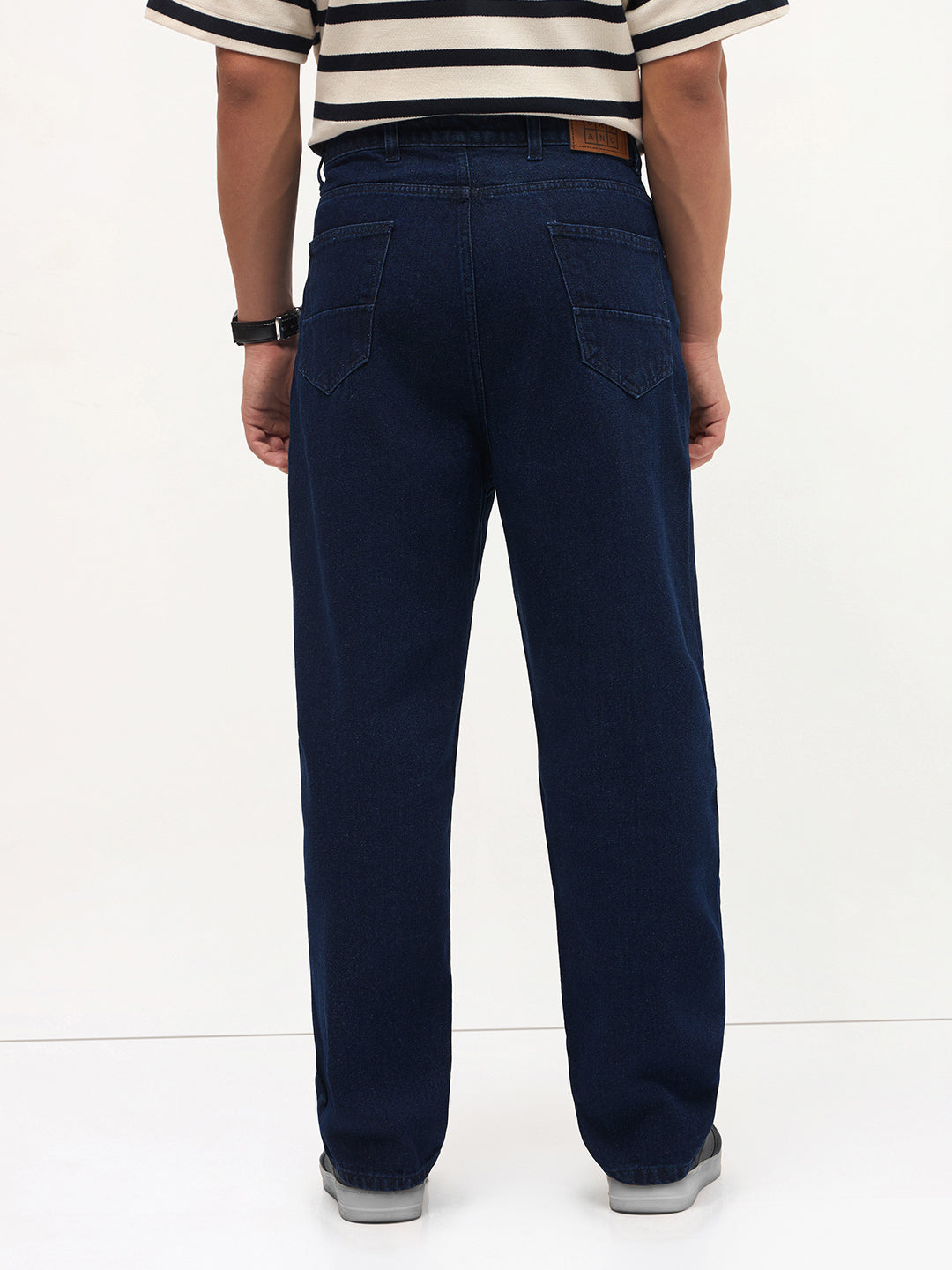 Men's Dark Blue Loose Baggy Fit Raw Washed Denim Jeans Non-Stretchable