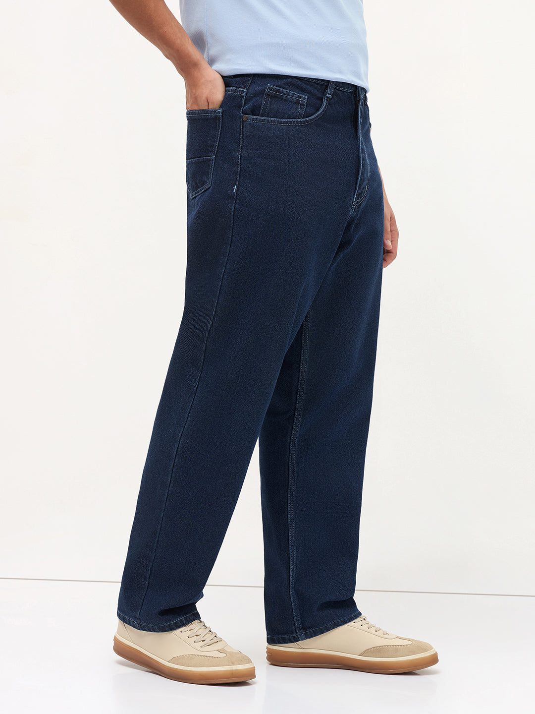 Men's Blue Loose Baggy Fit Raw Washed Denim Jeans Non-Stretchable