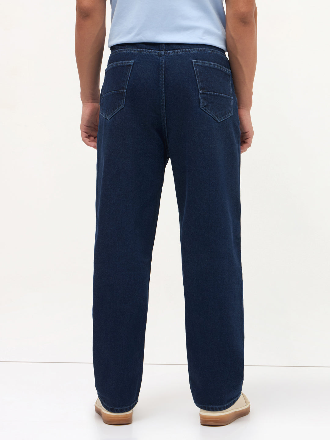 Men's Blue Loose Baggy Fit Raw Washed Denim Jeans Non-Stretchable