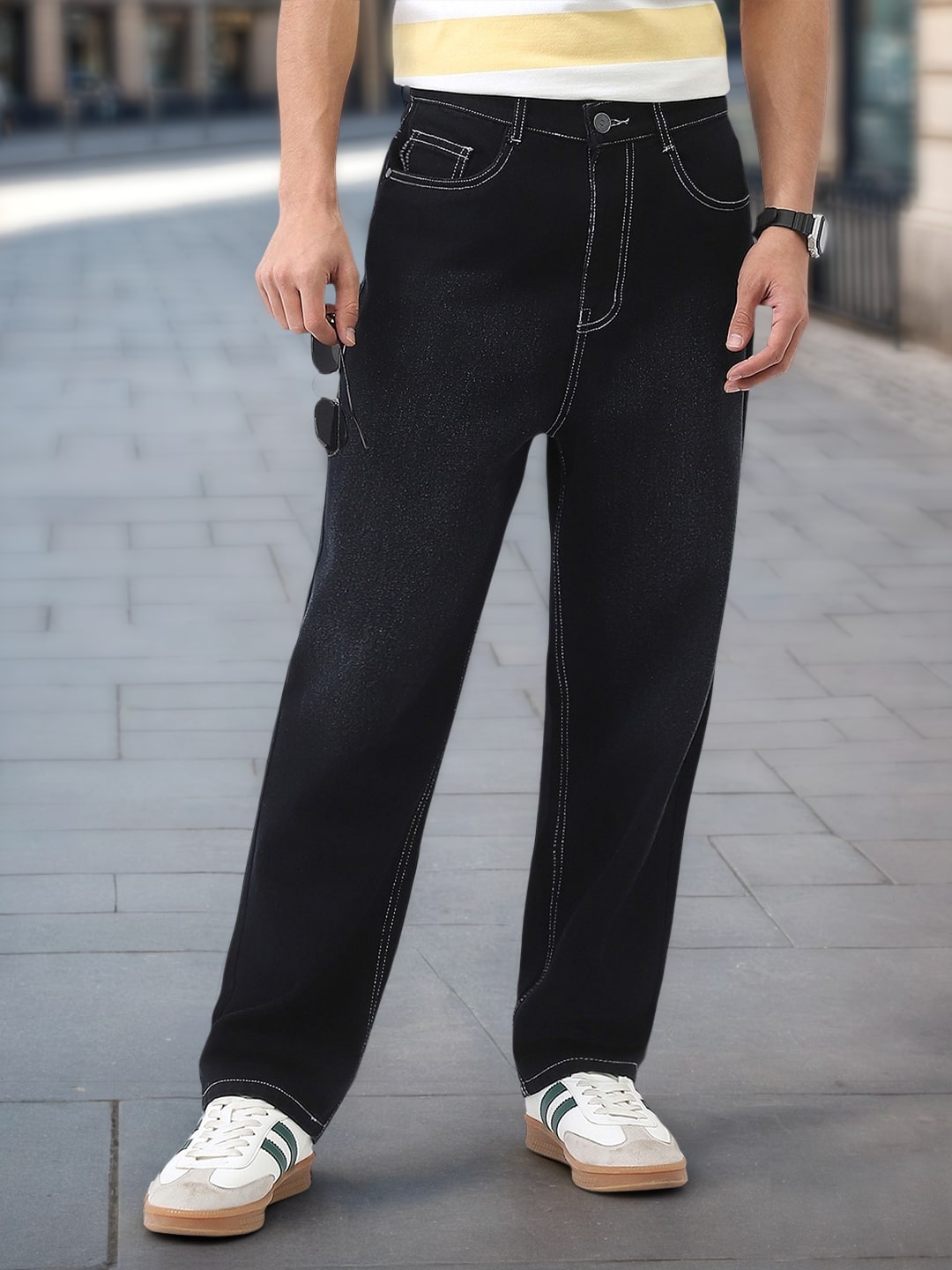 Men's Black Loose Baggy Fit Washed Jeans Non-Stretchable