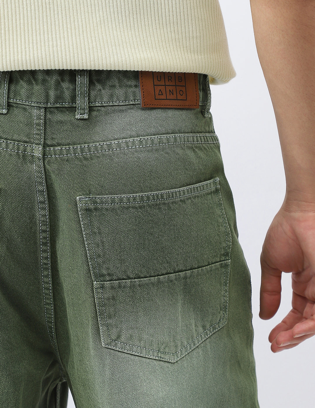 Men's Olive Loose Baggy Fit Washed Jeans Non-Stretchable