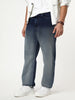 Men's Dark Blue Loose Baggy Fit Heavy Washed Faded Denim Jeans Non-Stretchable