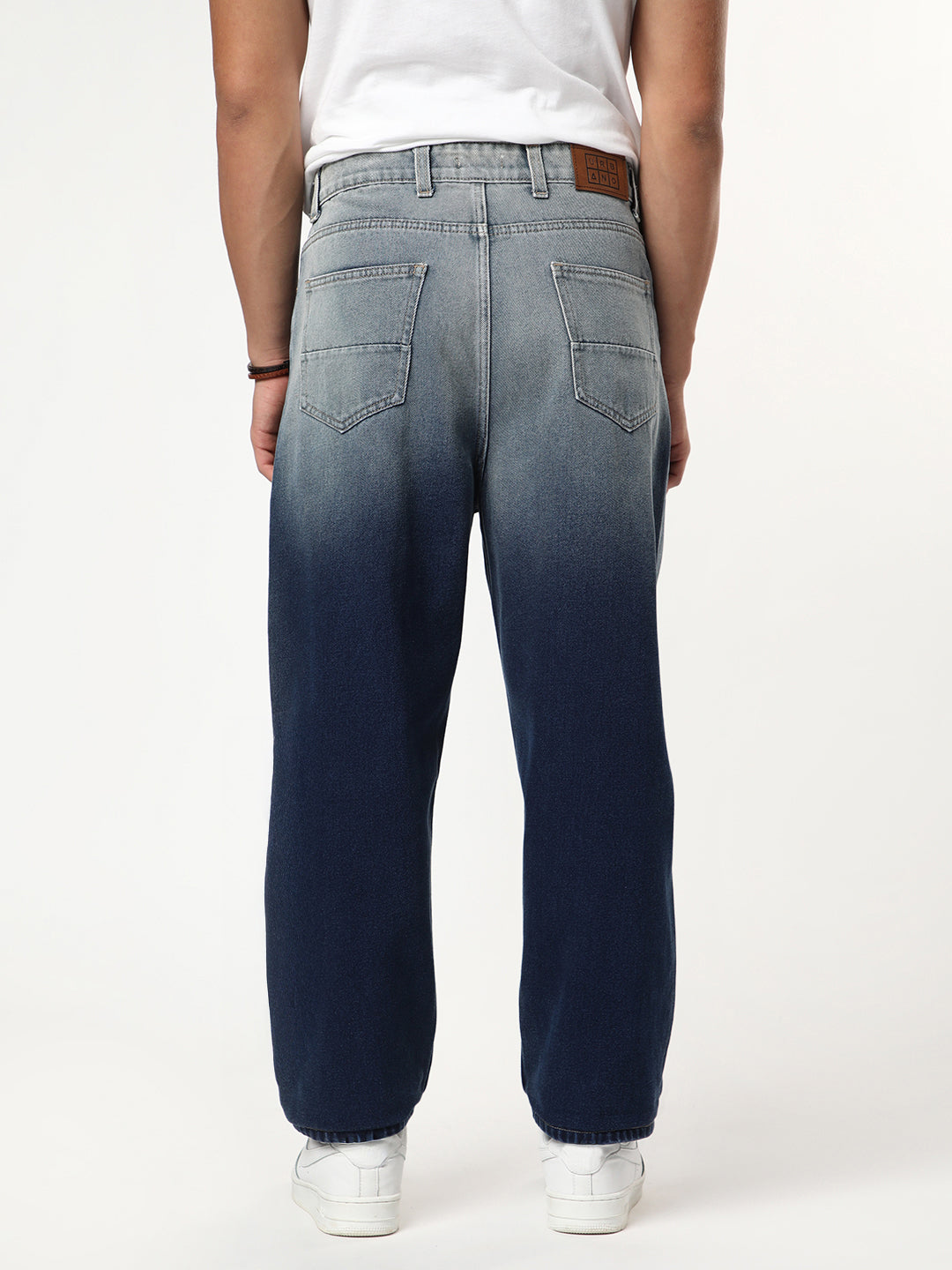 Men's Dark Blue Loose Baggy Fit Heavy Washed Faded Denim Jeans Non-Stretchable