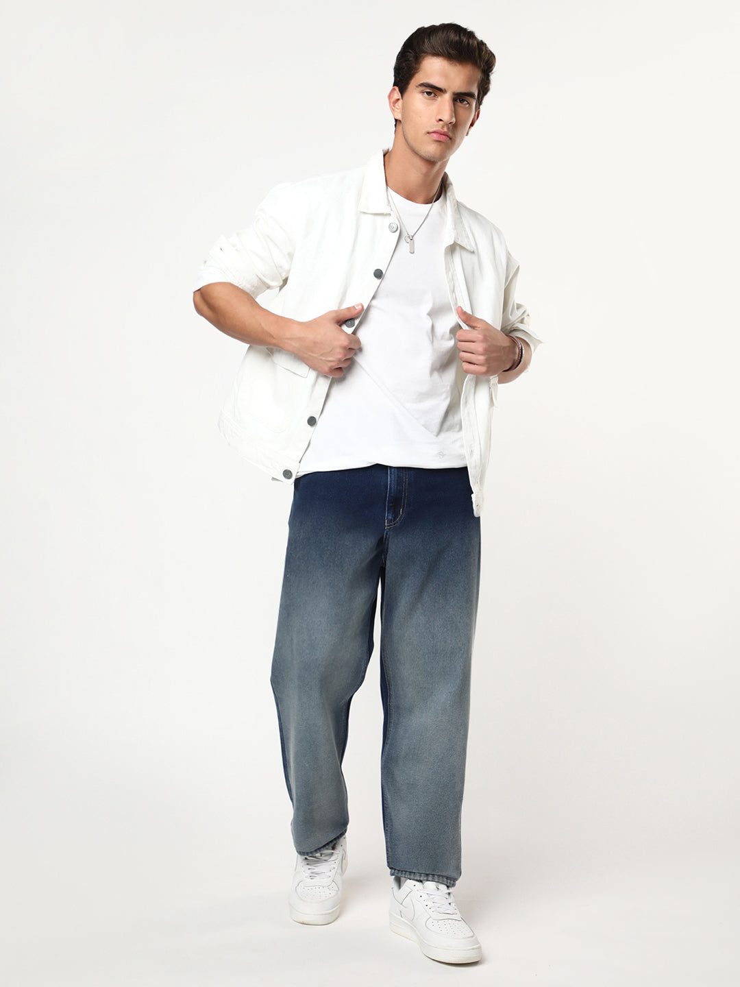 Men's Dark Blue Loose Baggy Fit Heavy Washed Faded Denim Jeans Non-Stretchable