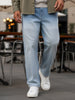 Men's Ice Blue Loose Baggy Fit Heavy Washed Faded Denim Jeans Non-Stretchable