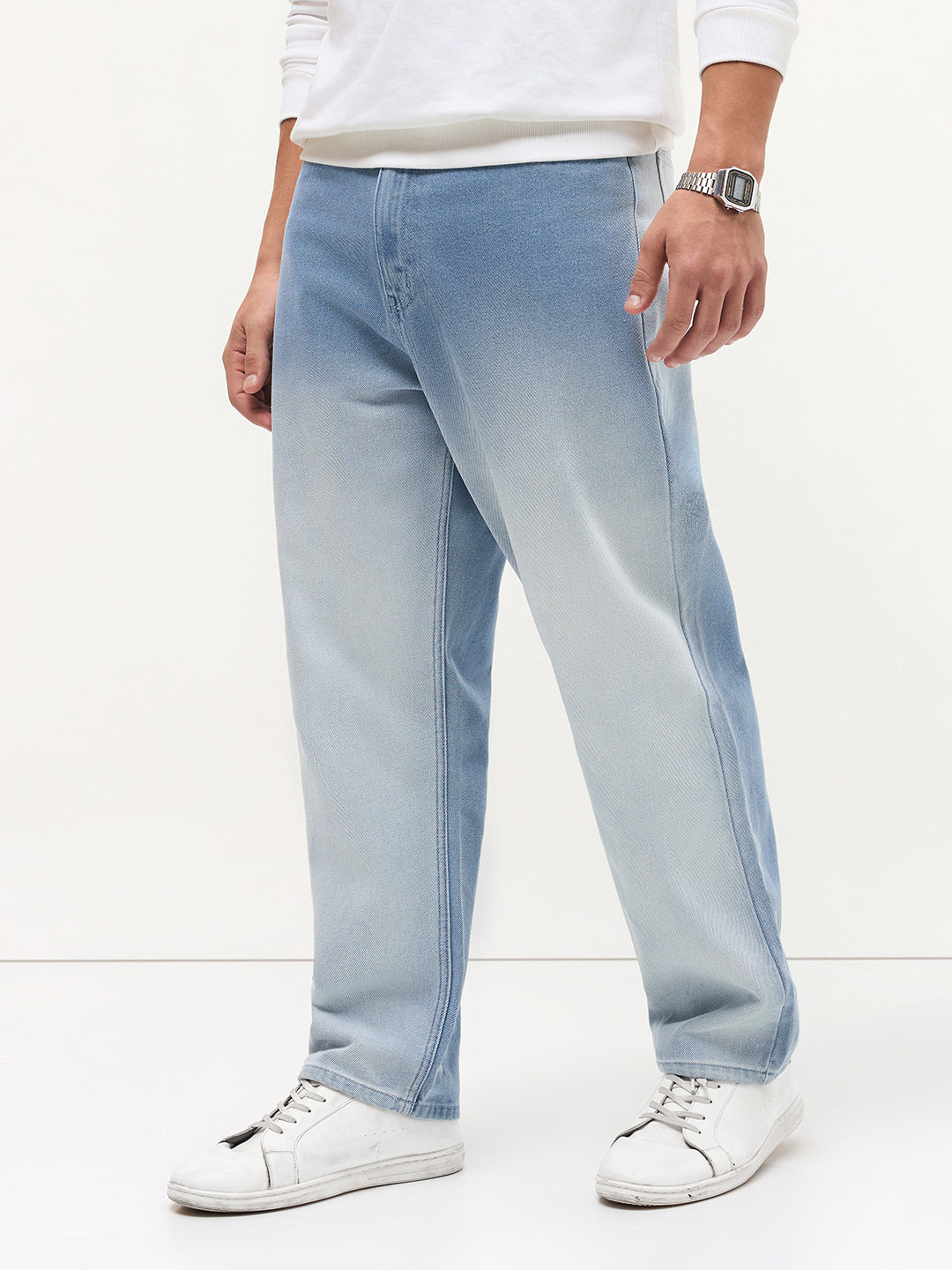 Men's Ice Blue Loose Baggy Fit Heavy Washed Faded Denim Jeans Non-Stretchable