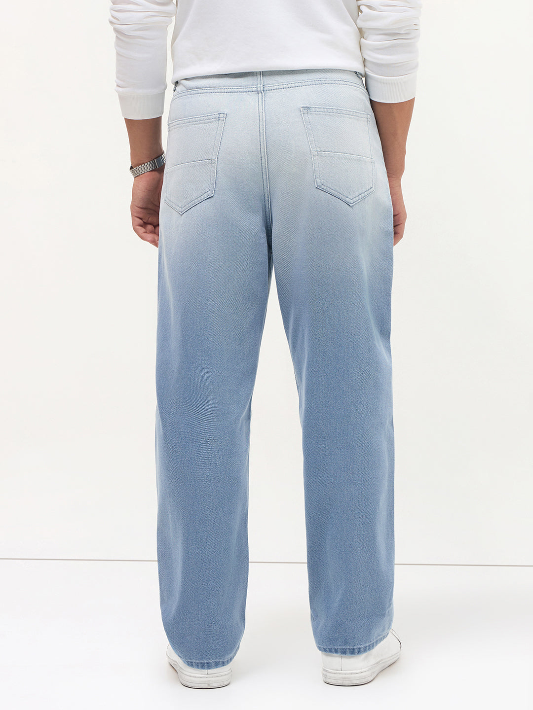 Men's Ice Blue Loose Baggy Fit Heavy Washed Faded Denim Jeans Non-Stretchable