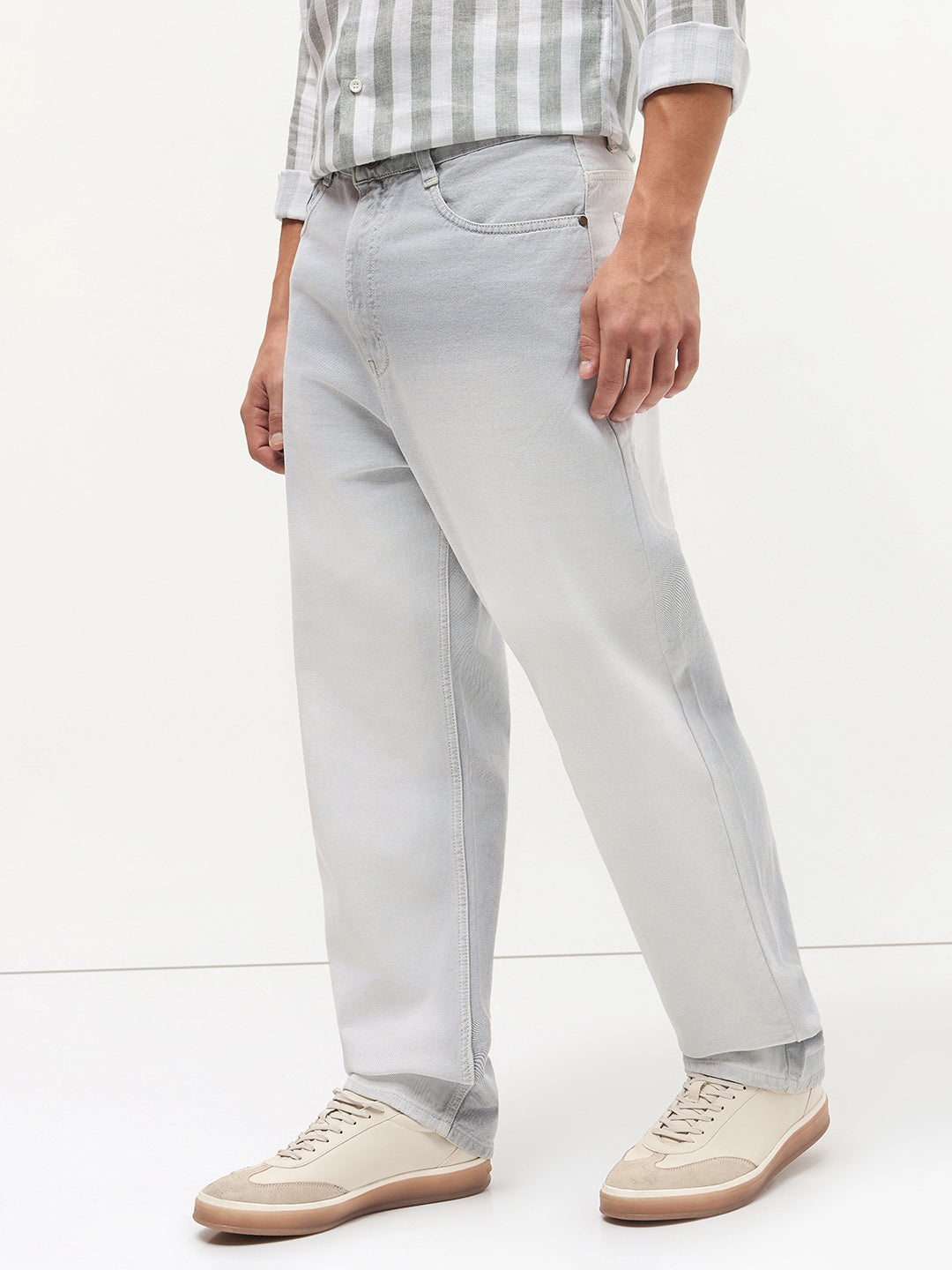 Men's Ice Grey Loose Baggy Fit Heavy Washed Faded Denim Jeans Non-Stretchable