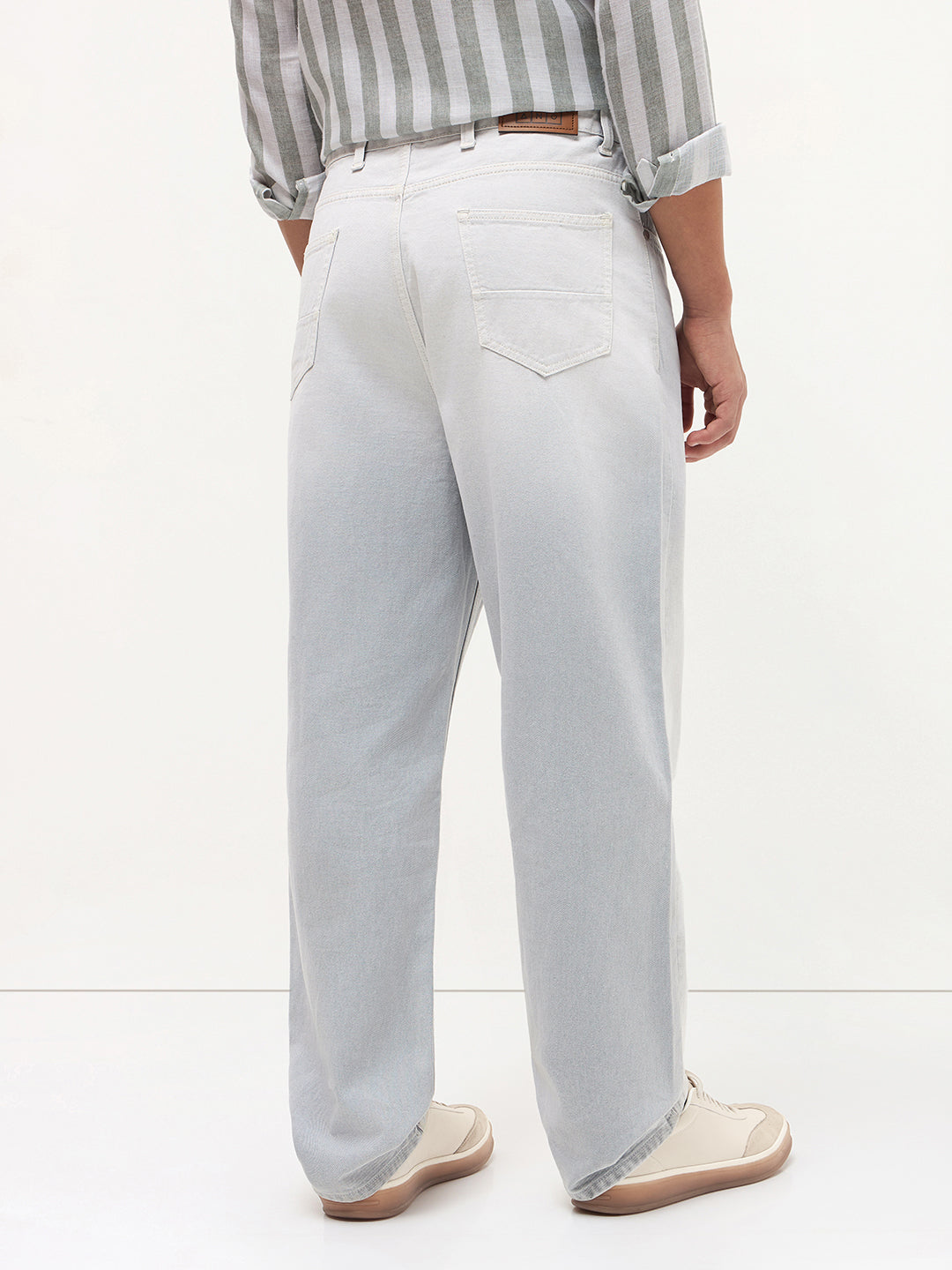 Men's Ice Grey Loose Baggy Fit Heavy Washed Faded Denim Jeans Non-Stretchable