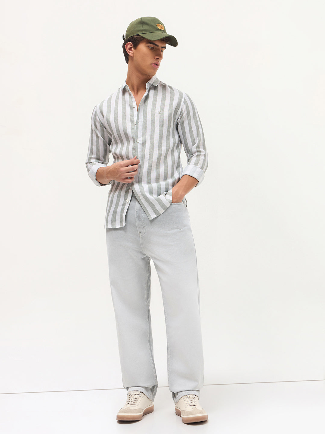 Men's Ice Grey Loose Baggy Fit Heavy Washed Faded Denim Jeans Non-Stretchable