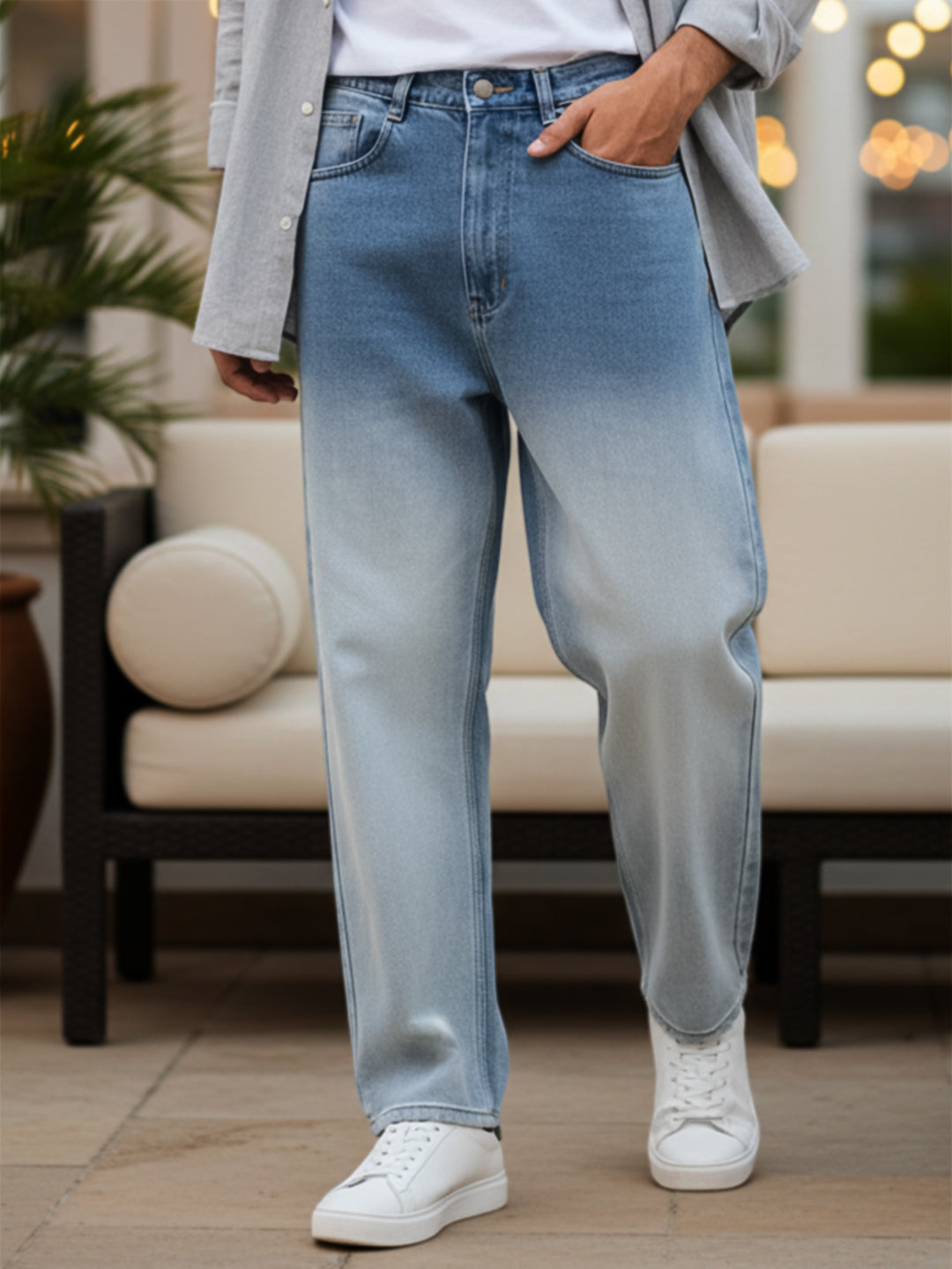 Men's Light Blue Loose Baggy Fit Heavy Washed Faded Denim Jeans Non-Stretchable