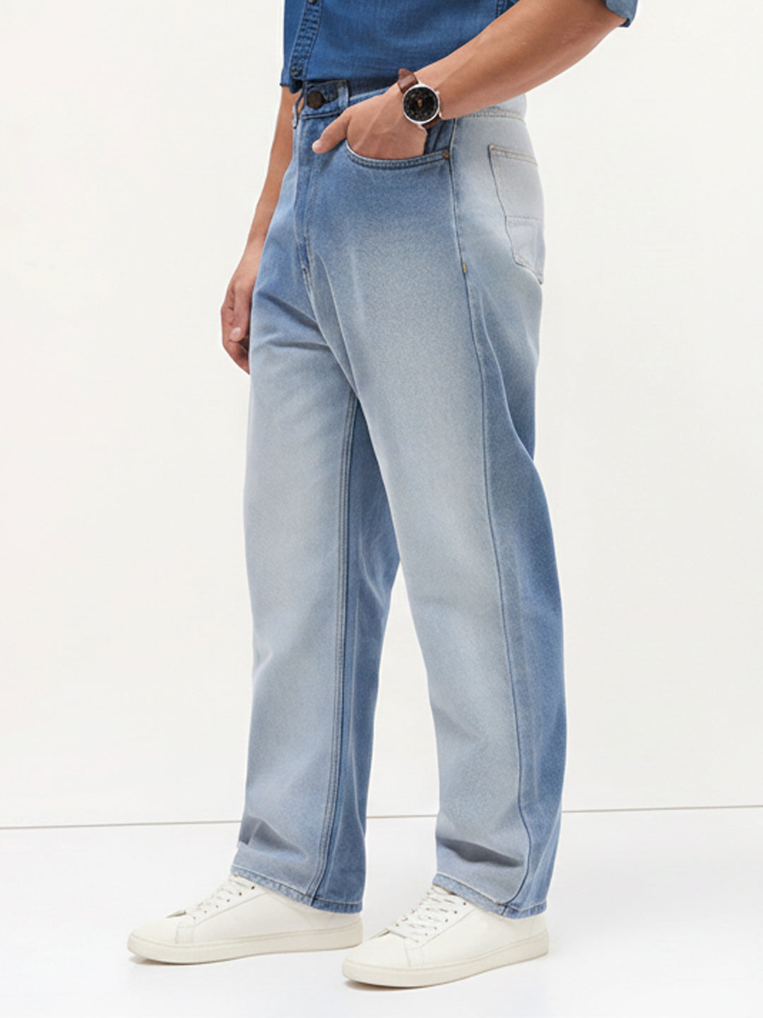 Men's Light Blue Loose Baggy Fit Heavy Washed Faded Denim Jeans Non-Stretchable