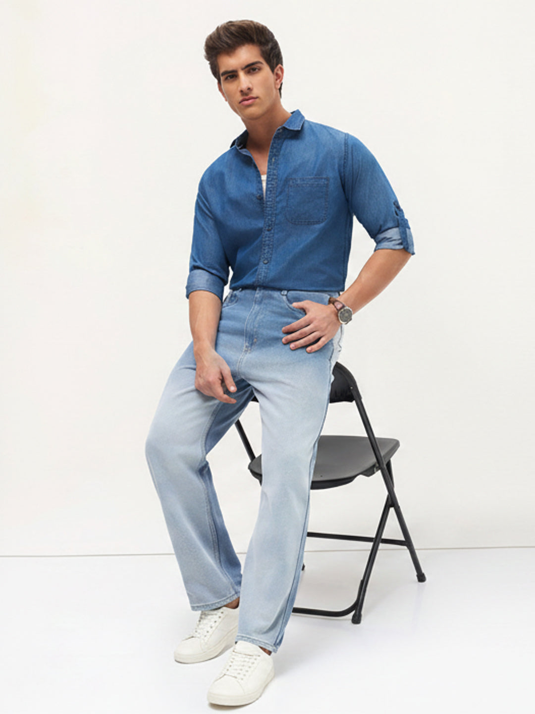 Men's Light Blue Loose Baggy Fit Heavy Washed Faded Denim Jeans Non-Stretchable