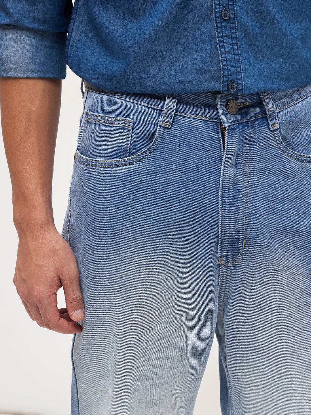 Men's Light Blue Loose Baggy Fit Heavy Washed Faded Denim Jeans Non-Stretchable