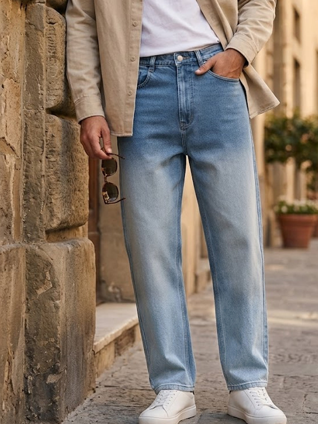 Men's Light Blue Loose Baggy Fit Heavy Washed Faded Denim Jeans Non-Stretchable