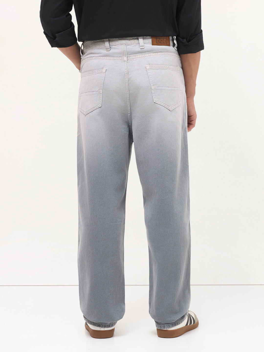 Men's Light Grey Loose Baggy Fit Heavy Washed Faded Denim Jeans Non-Stretchable