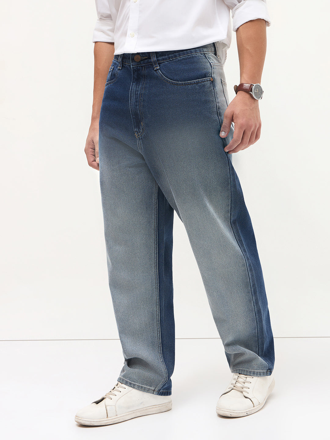 Men's Blue Loose Baggy Fit Heavy Washed Faded Denim Jeans Non-Stretchable