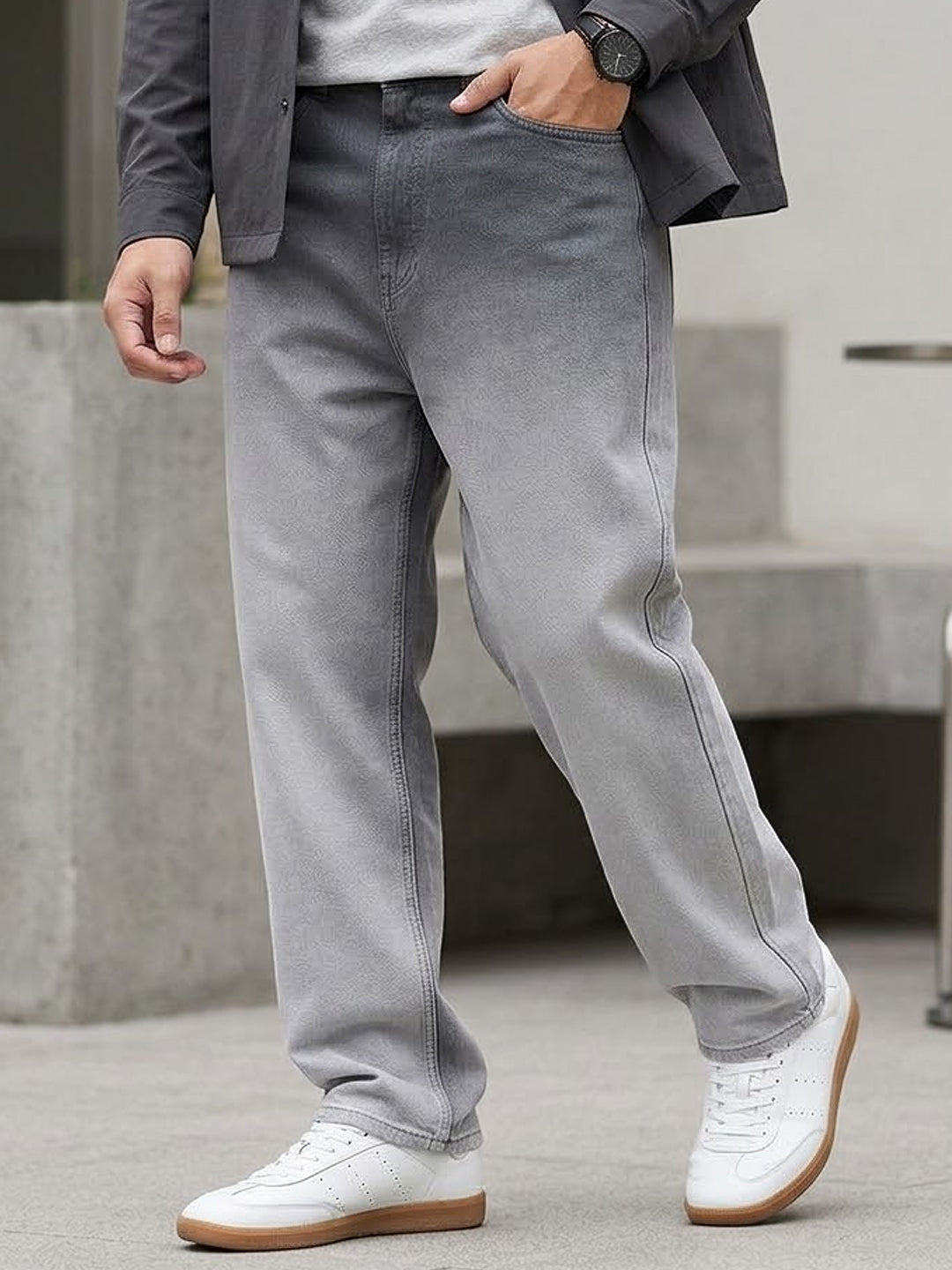 Men's Grey Loose Baggy Fit Heavy Washed Faded Denim Jeans Non-Stretchable