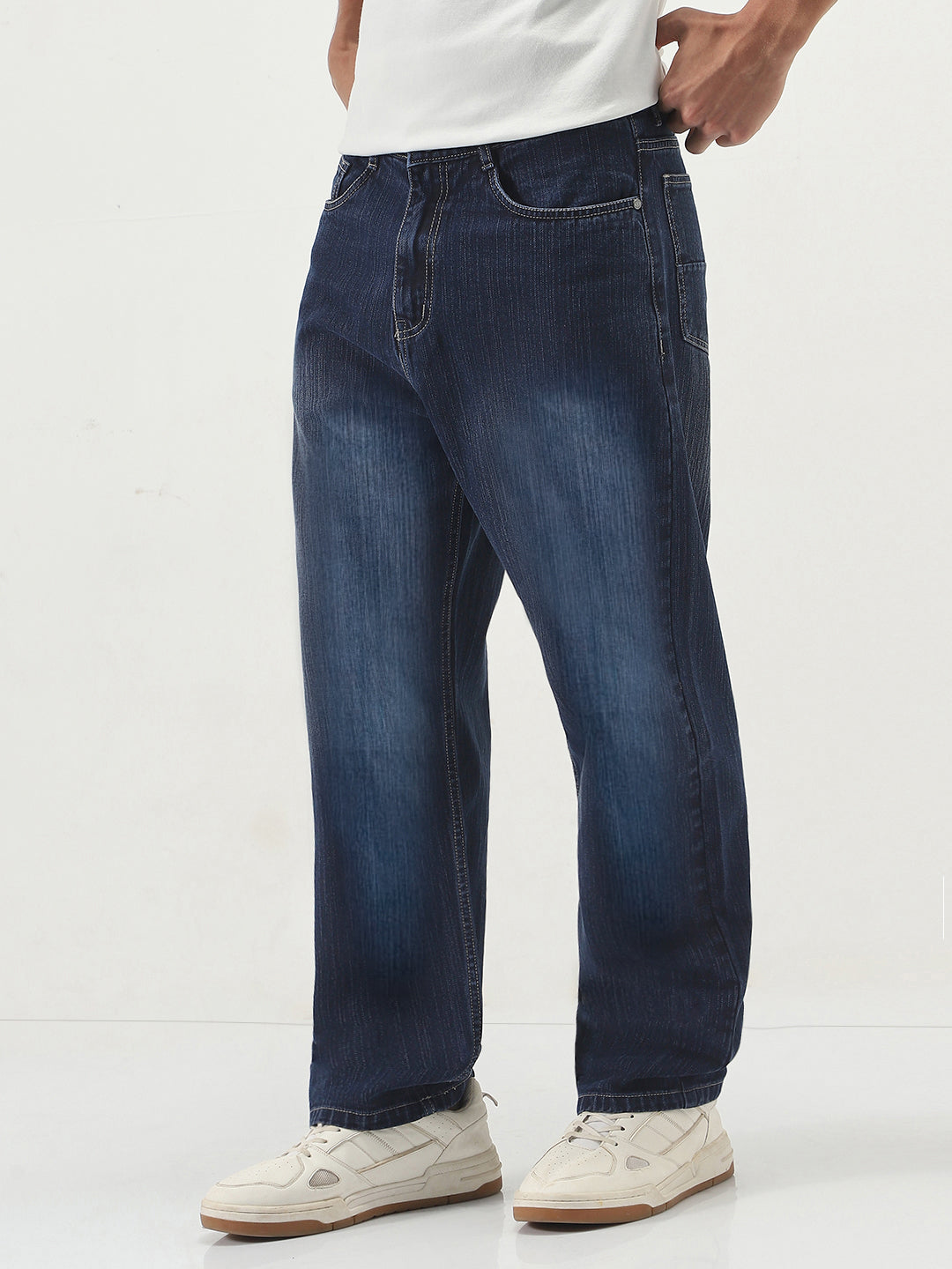 Men's Dark Blue Loose Baggy Fit Washed Denim Jeans Non-Stretchable