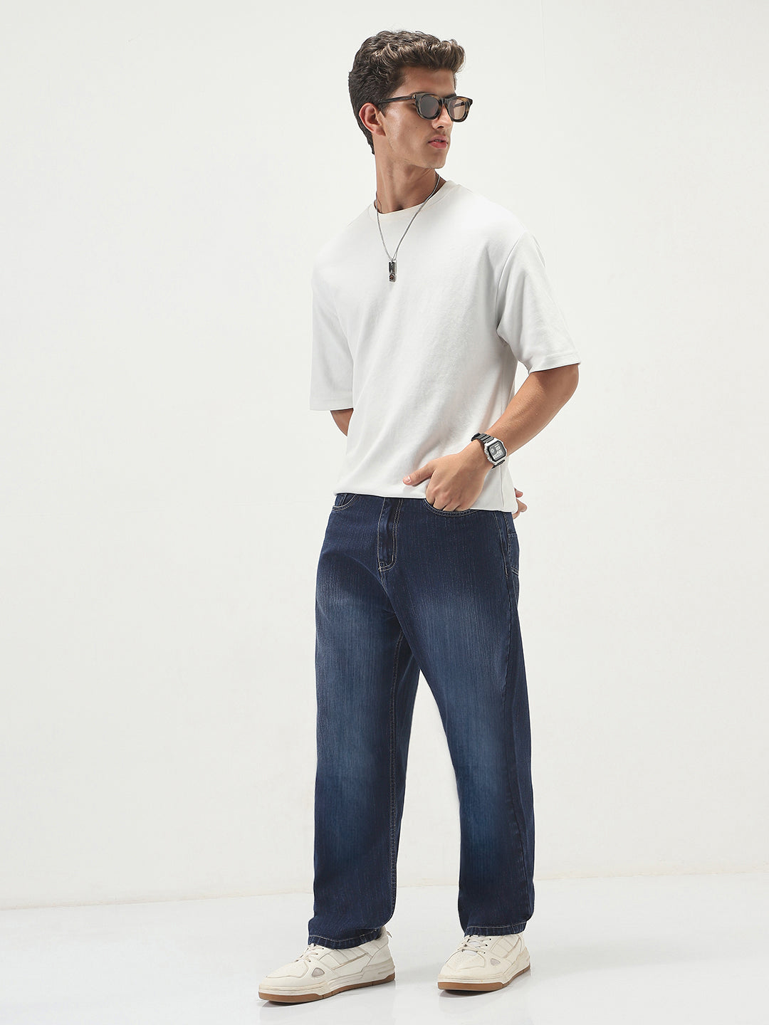 Men's Dark Blue Loose Baggy Fit Washed Denim Jeans Non-Stretchable