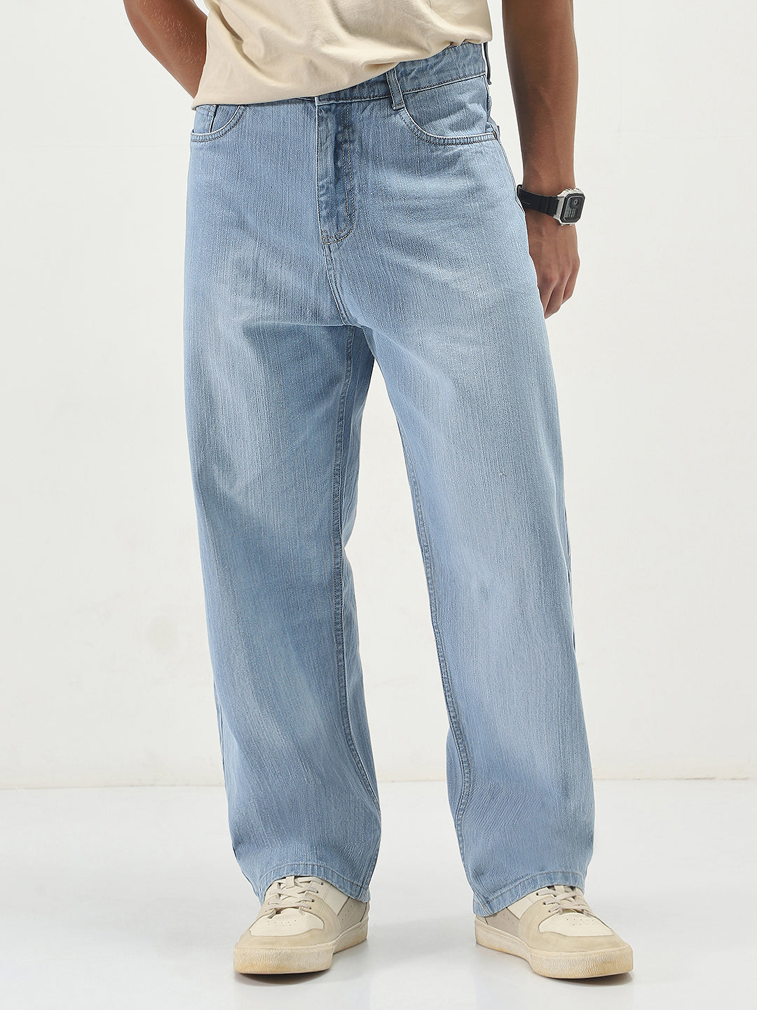Men's Ice Blue Loose Baggy Fit Washed Denim Jeans Non-Stretchable