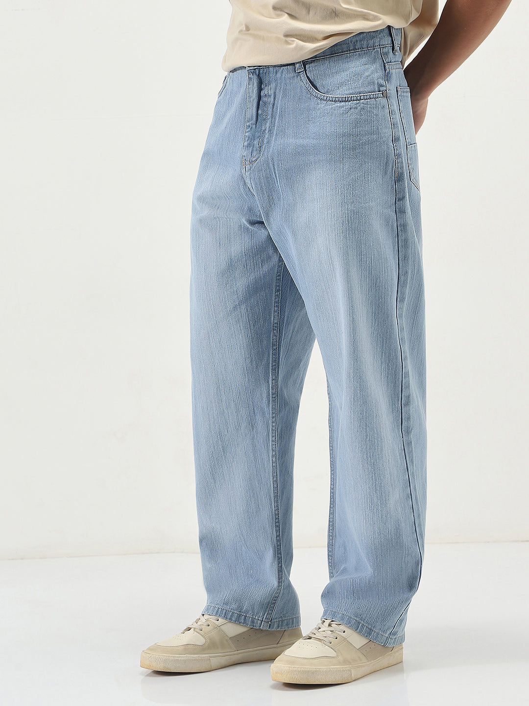 Men's Ice Blue Loose Baggy Fit Washed Denim Jeans Non-Stretchable