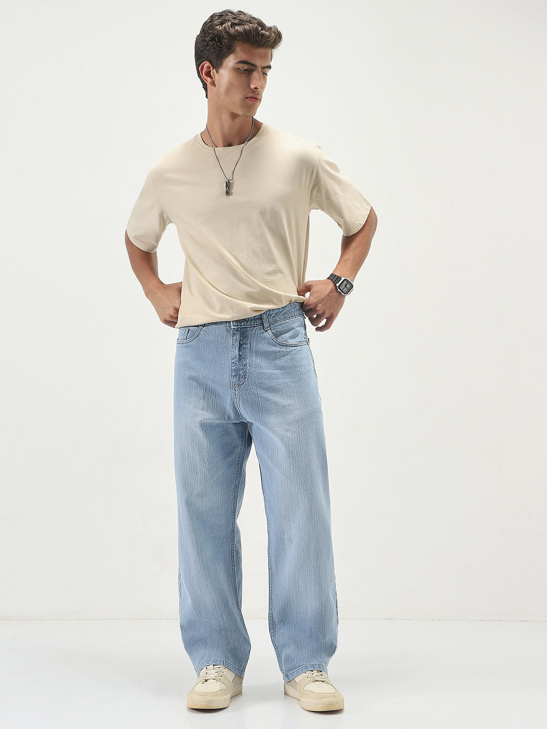 Men's Ice Blue Loose Baggy Fit Washed Denim Jeans Non-Stretchable