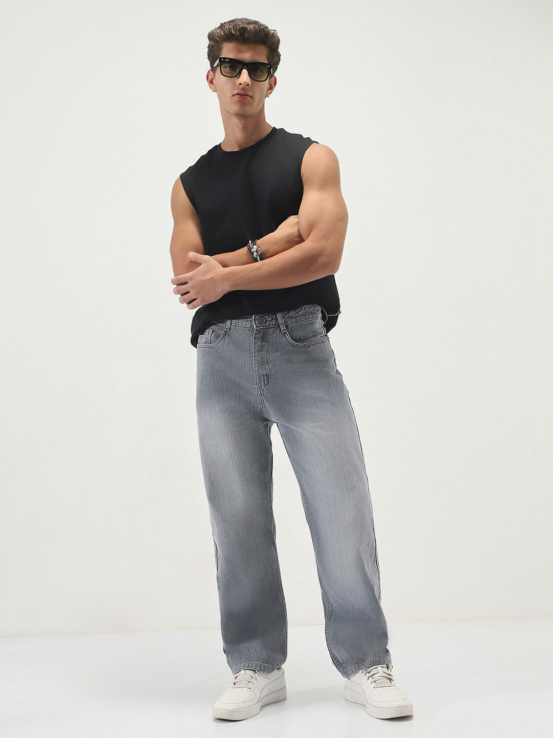 Men's Light Grey Loose Baggy Fit Washed Denim Jeans Non-Stretchable
