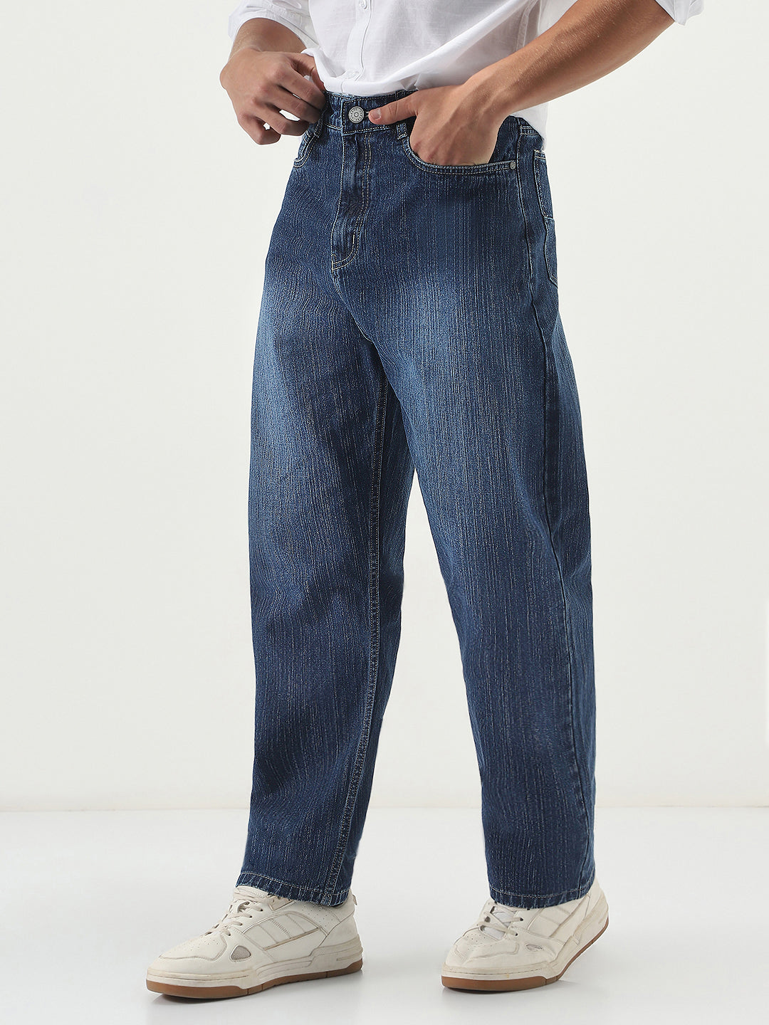 Men's Blue Loose Baggy Fit Washed Denim Jeans Non-Stretchable