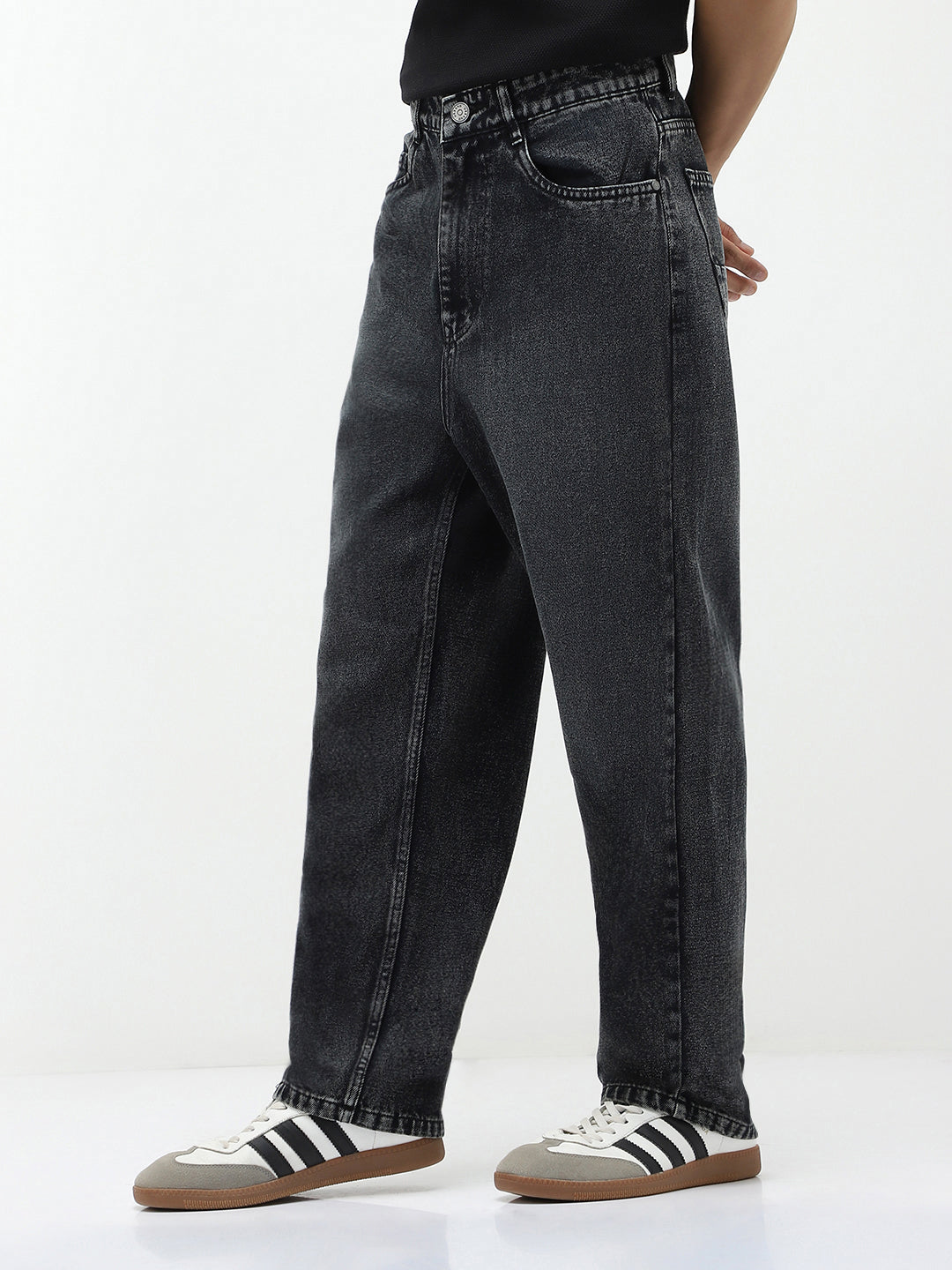 Men's Black Loose Baggy Fit Heavy Washed Jeans Non-Stretchable