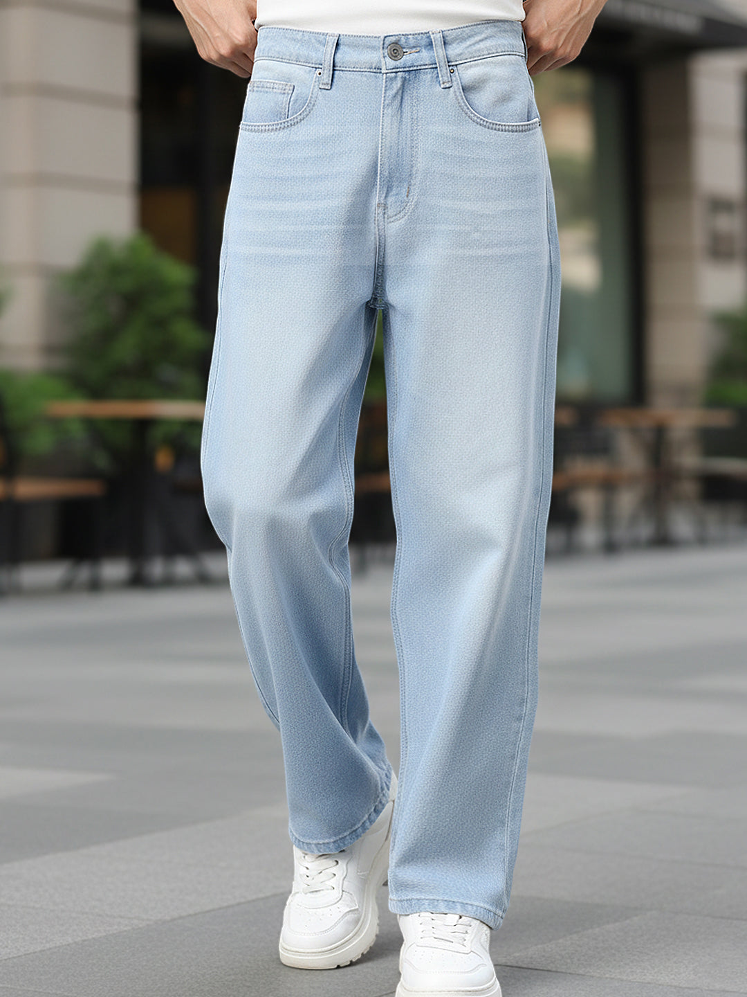 Men's Ice Blue Loose Baggy Fit Washed Jeans Non-Stretchable