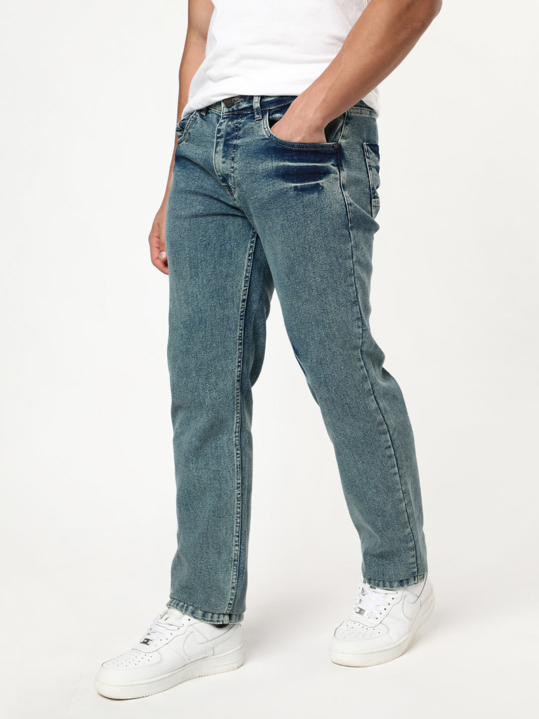 Men's Ice Blue Regular Fit Acid Washed Denim Jeans Stretchable