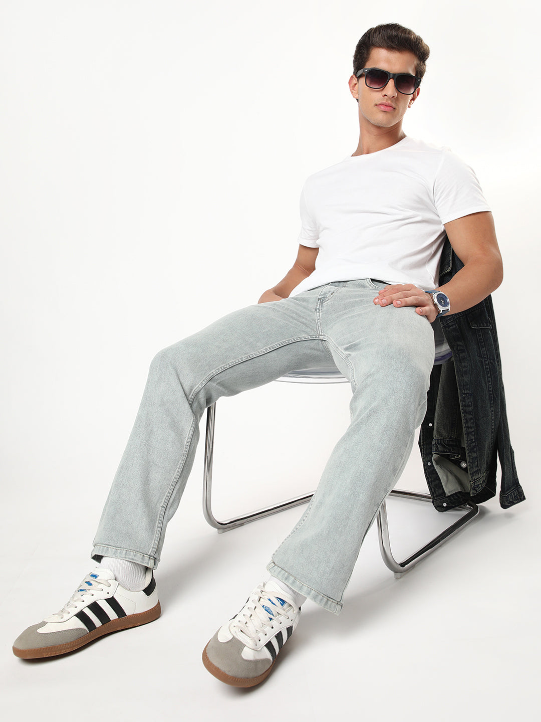 Men's Ice Grey Regular Fit Acid Washed Denim Jeans Stretchable