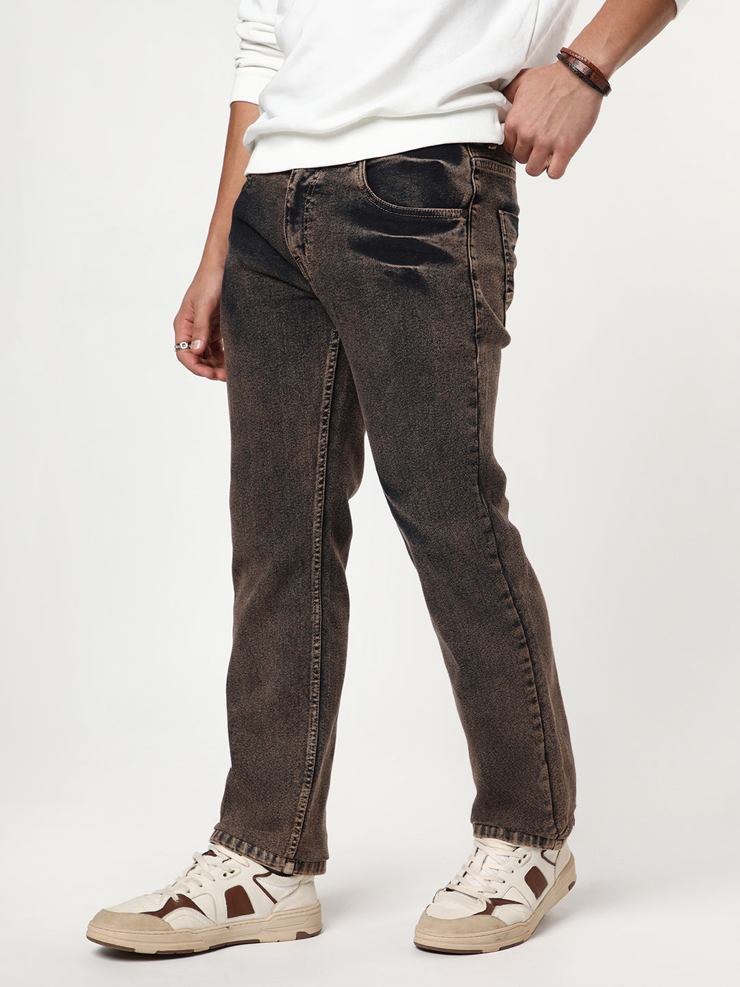 Men's Light Brown Regular Fit Acid Washed Denim Jeans Stretchable