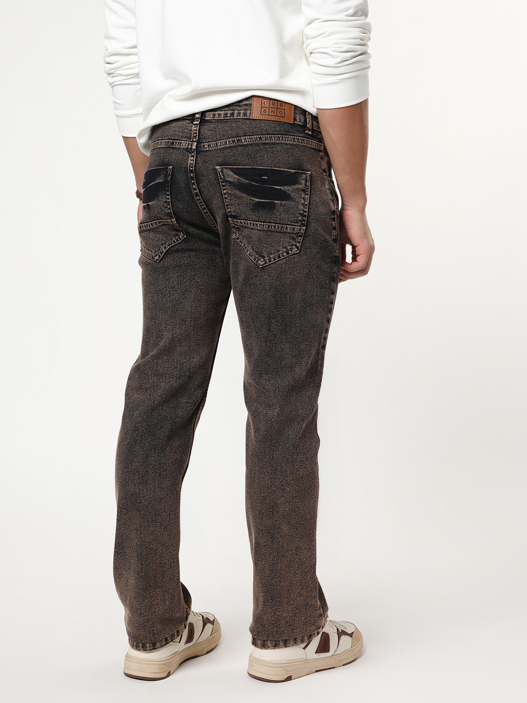Men's Light Brown Regular Fit Acid Washed Denim Jeans Stretchable