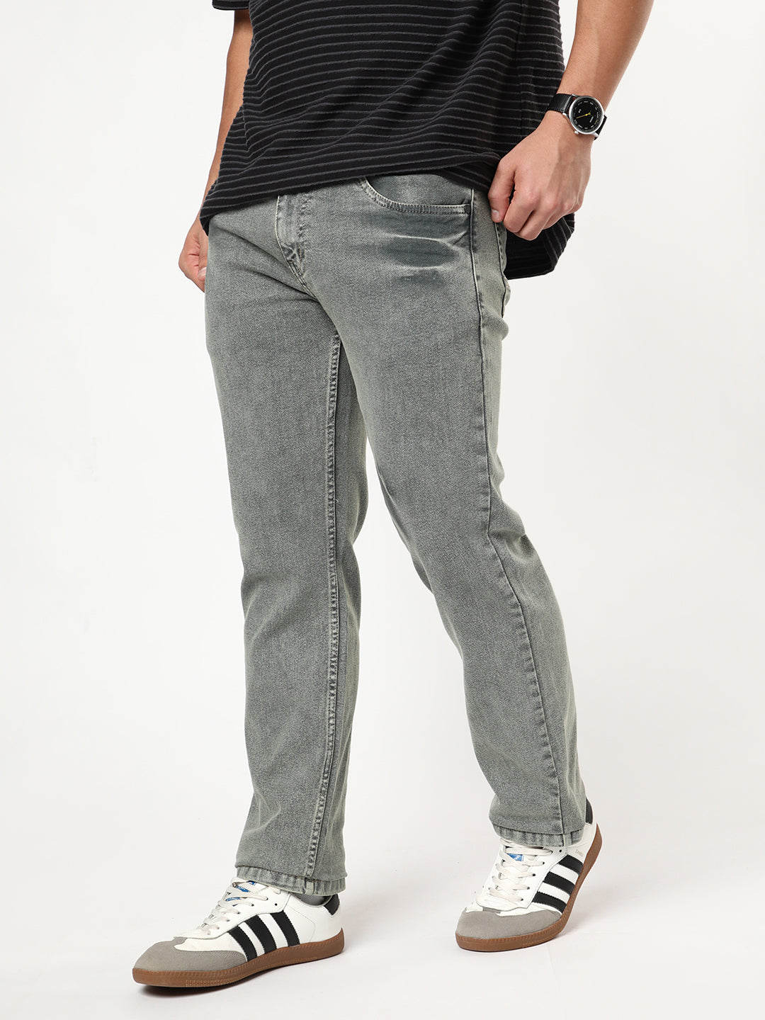Men's Light Grey Regular Fit Acid Washed Denim Jeans Stretchable