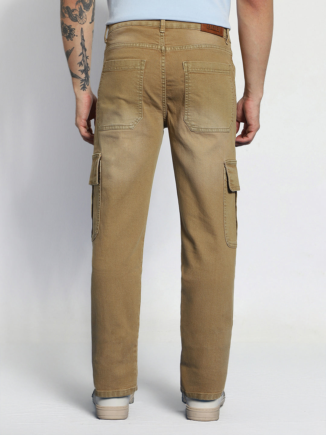 Men's Dark Khaki Regular Fit Washed Cargo Jeans With 6 Pockets Stretchable