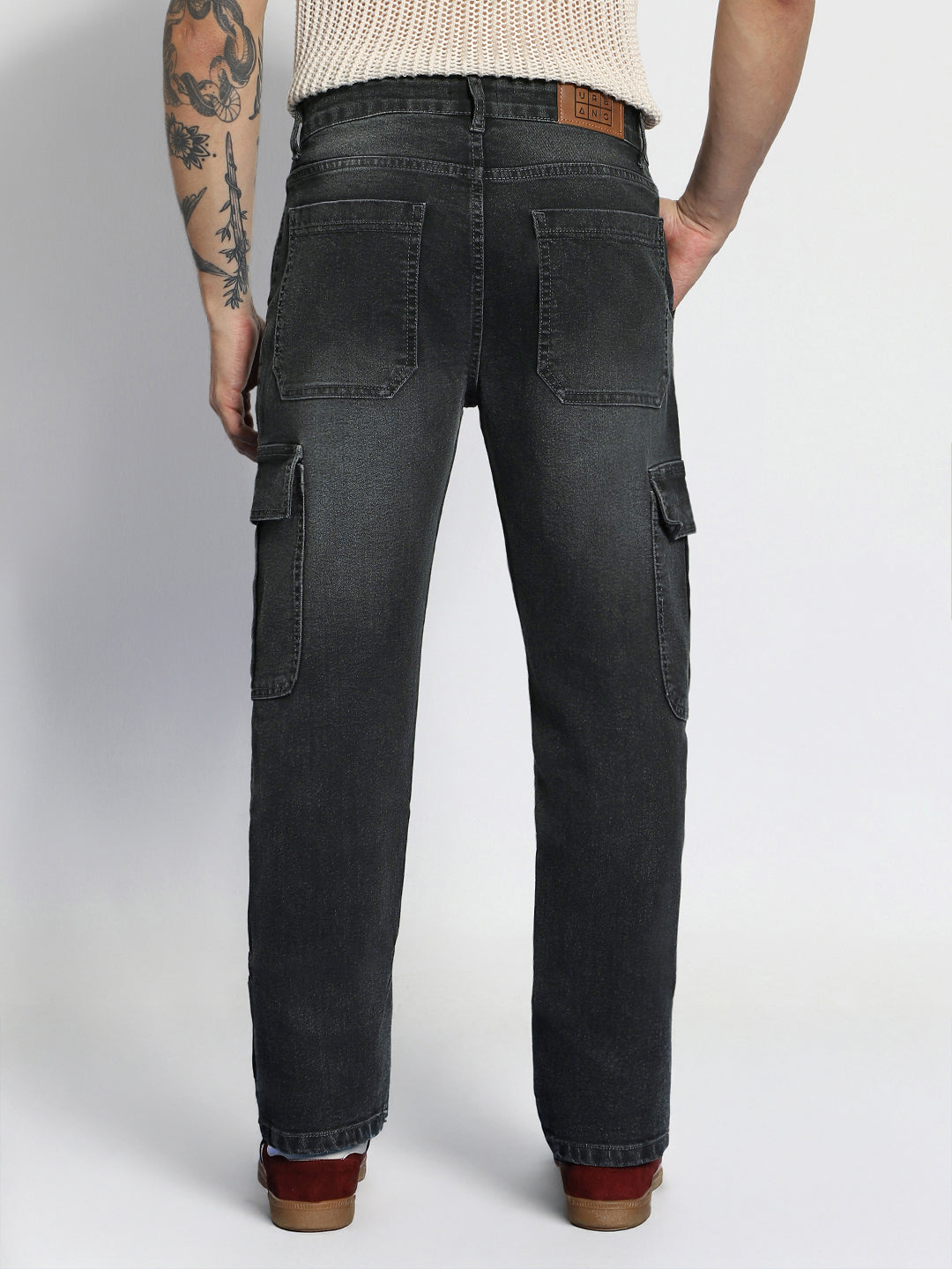 Men's Grey Regular Fit Washed Cargo Jeans With 6 Pockets Stretchable