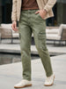 Men's Olive Green Regular Fit Washed Cargo Jeans With 6 Pockets Stretchable