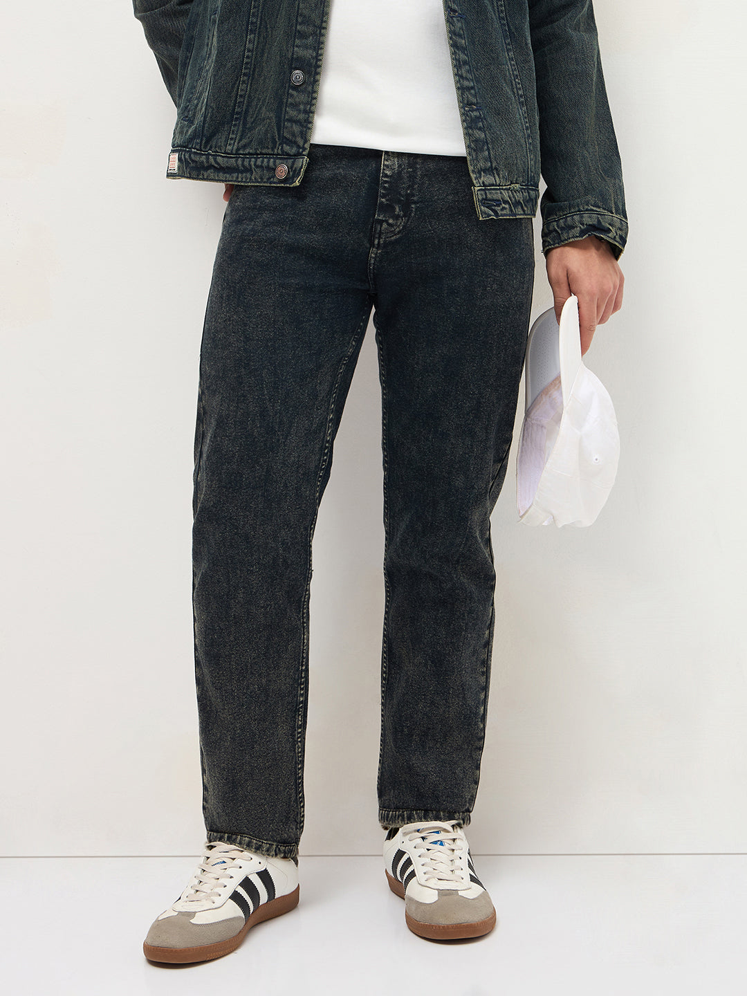 Men's Black Regular Fit Towel Washed Yellow Tint Denim Jeans Stretchable