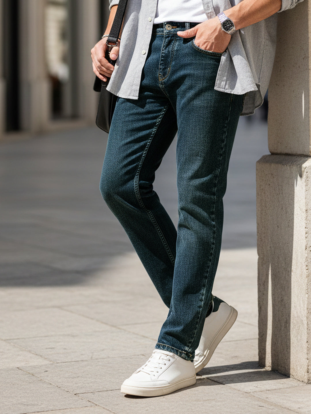 Men's Dark Blue Regular Fit Towel Washed Yellow Tint Denim Jeans Stretchable