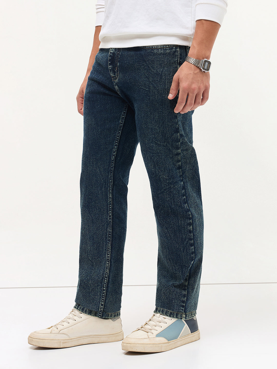 Men's Dark Blue Regular Fit Towel Washed Yellow Tint Denim Jeans Stretchable