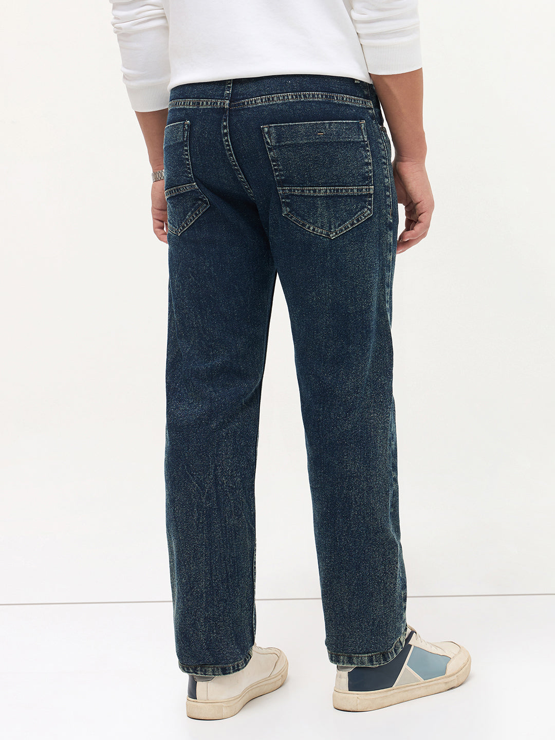 Men's Dark Blue Regular Fit Towel Washed Yellow Tint Denim Jeans Stretchable