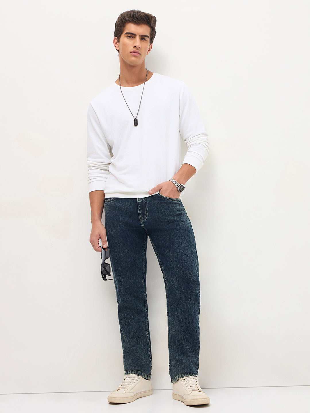 Men's Dark Blue Regular Fit Towel Washed Yellow Tint Denim Jeans Stretchable